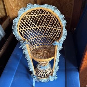 Wicker Peacock chair for plant or doll with Blue Lace Trim
